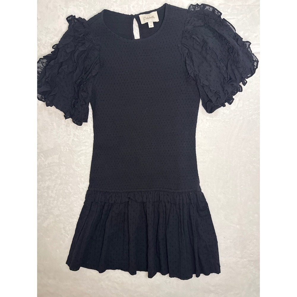 Cleobella Black Organic Cotton Smocked Mini Dress Ruffle Puff Sleeve Medium